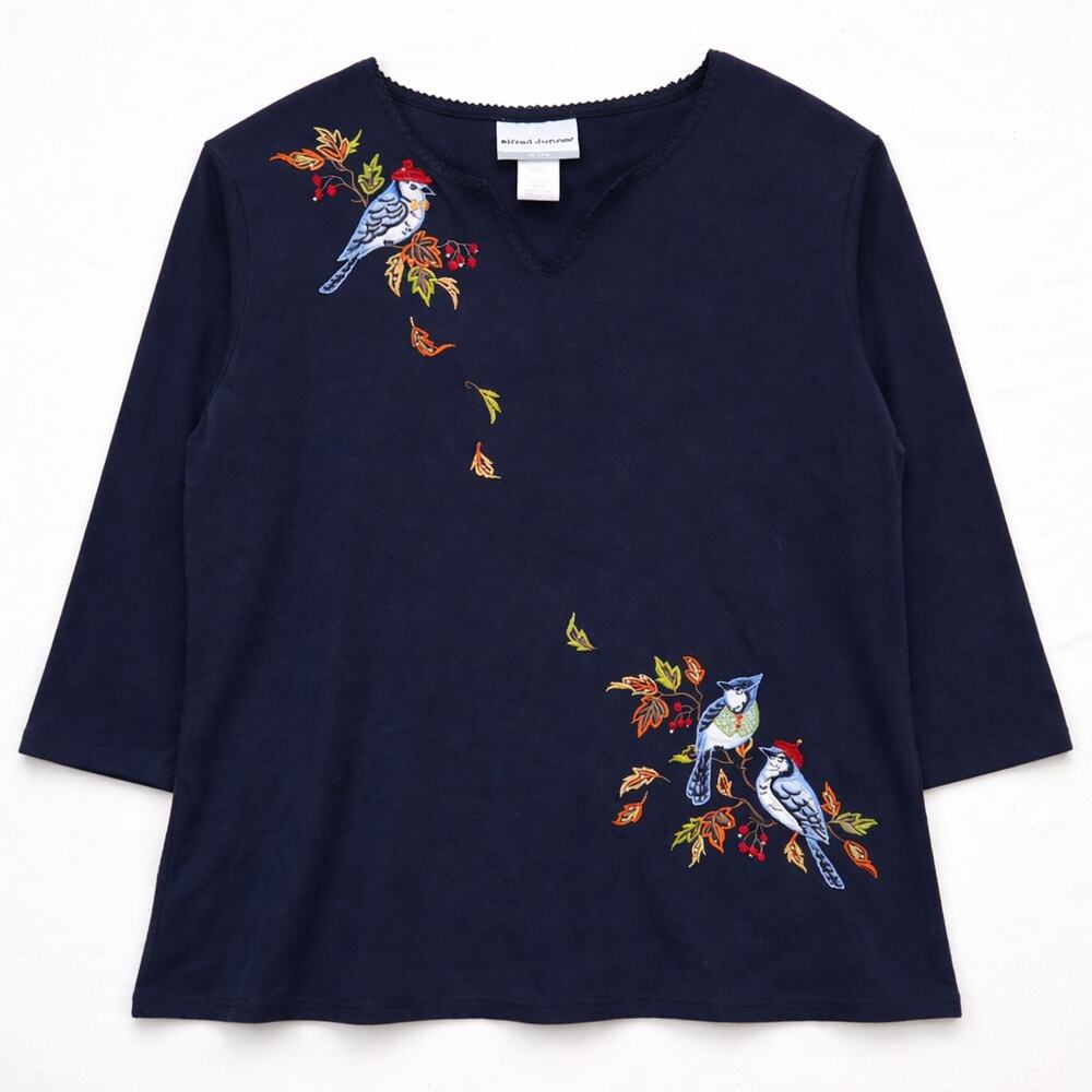 Y2k Dark Academia Navy Cotton Embroidered Birds Leaves Fairy Animal Cottagecore